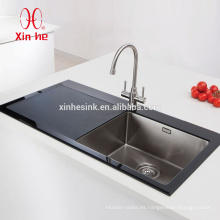 Fregadero de cristal templado del lavabo superior del cuenco del acero inoxidable durable para la cocina con el escurridor de cristal